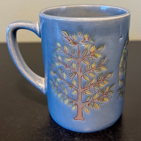 Handcrafted Pottery Otagiri Style Grayish Blue Glazed Cup / Mug w/ Trio of Trees - Picture 2 of 7